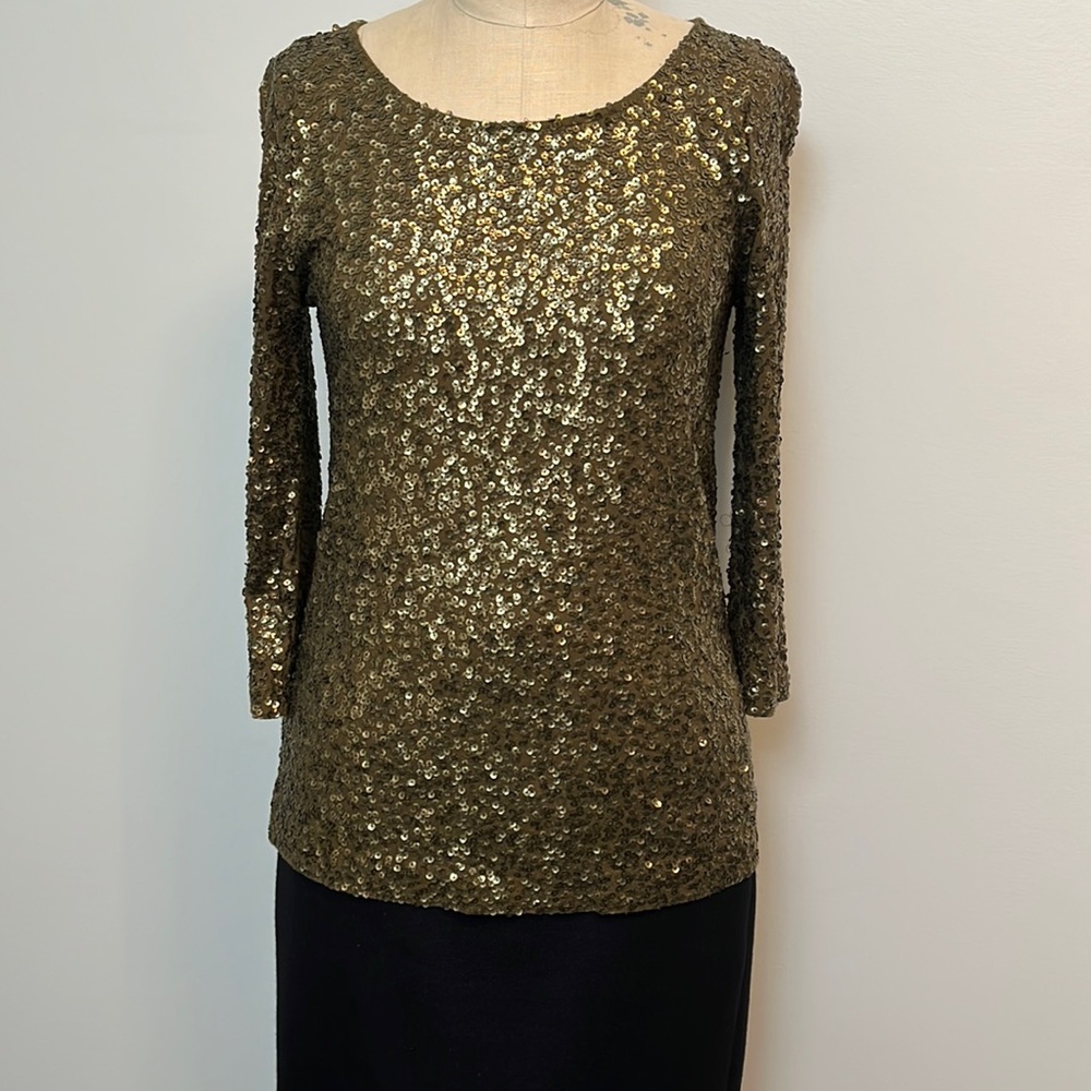 JCREW Bronze Golden Khaki Sequin Top with 3/4 Length Sleeve